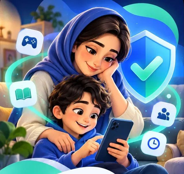 مادری کنار فرزندش که به گوشی نگاه می‌کنند، با نماد سپر امنیتی